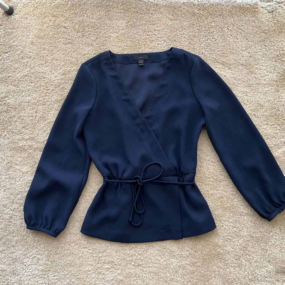 J.Crew Drapey crepe faux-wrap top blouse V-neck Navy Blue - Size 0